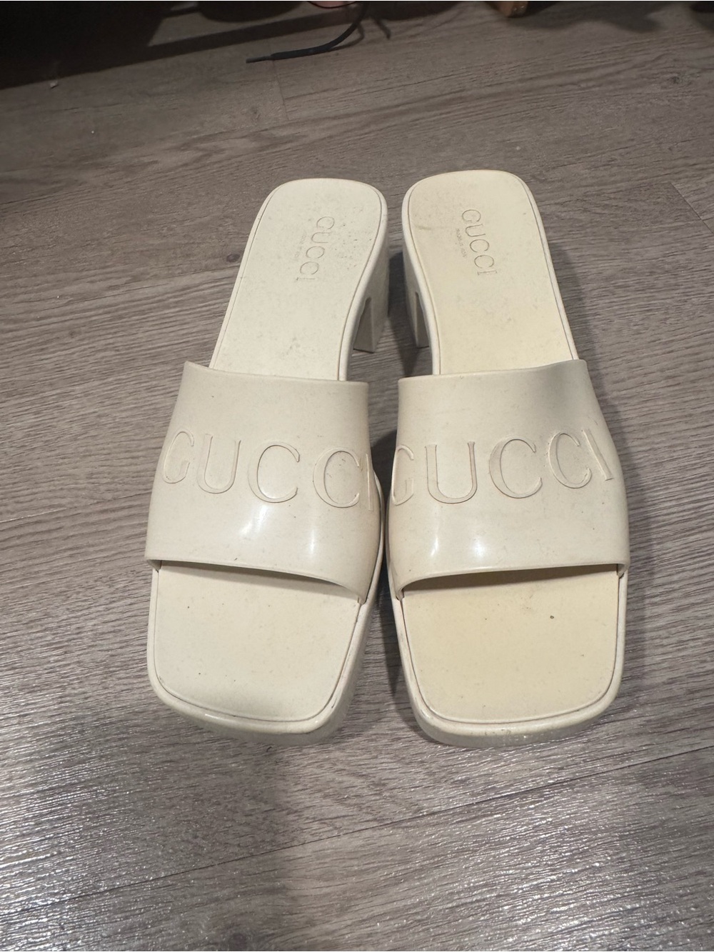 Gucci Cream Logo Slide Mules with Block Heel